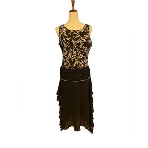 90s 2000s Black and Print Top Cocktail Side Bottom Ruffle Poly Dress S/M